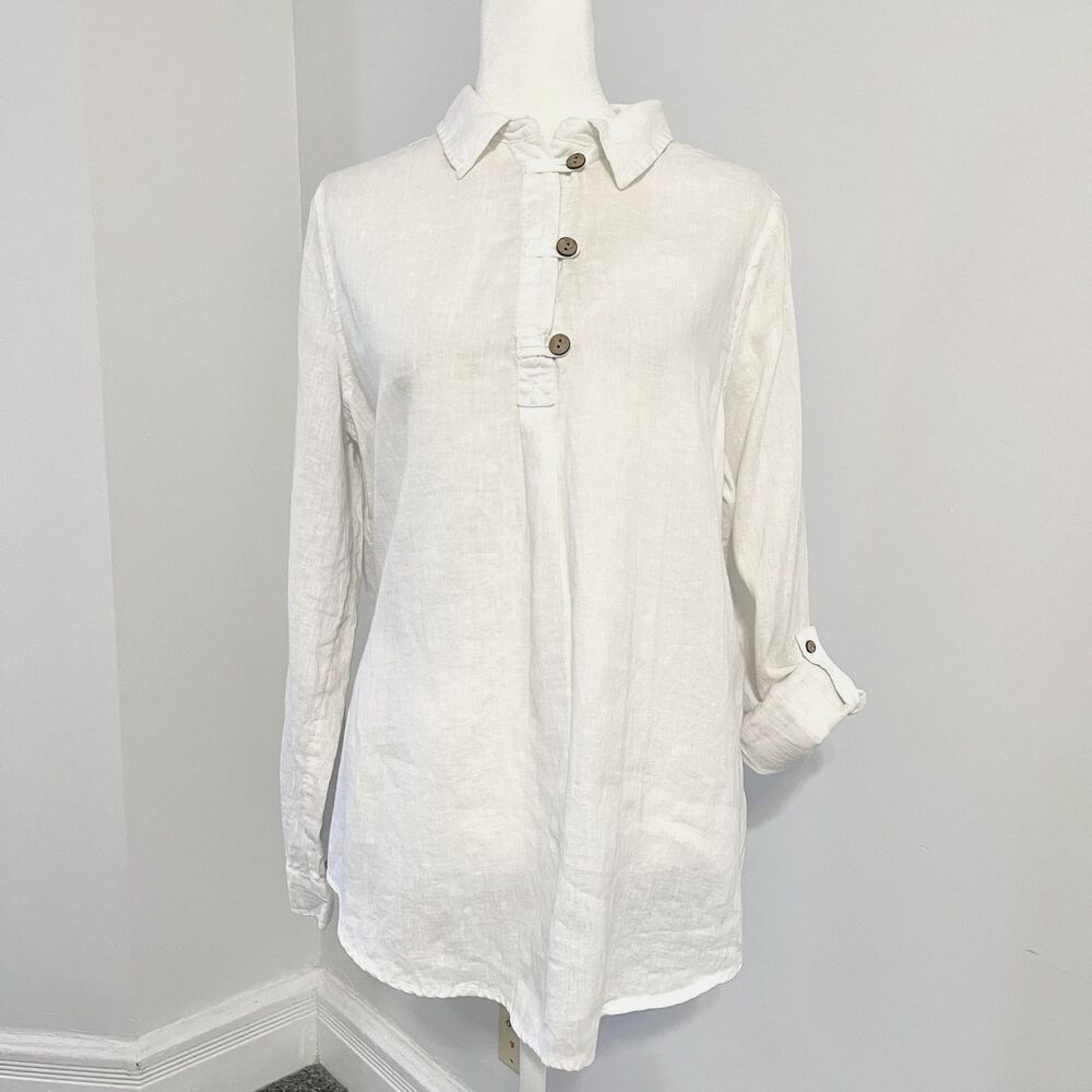Sigrid Olsen Linen Top Womens Medium Roll Tab Sleeve Loop Button Accent White